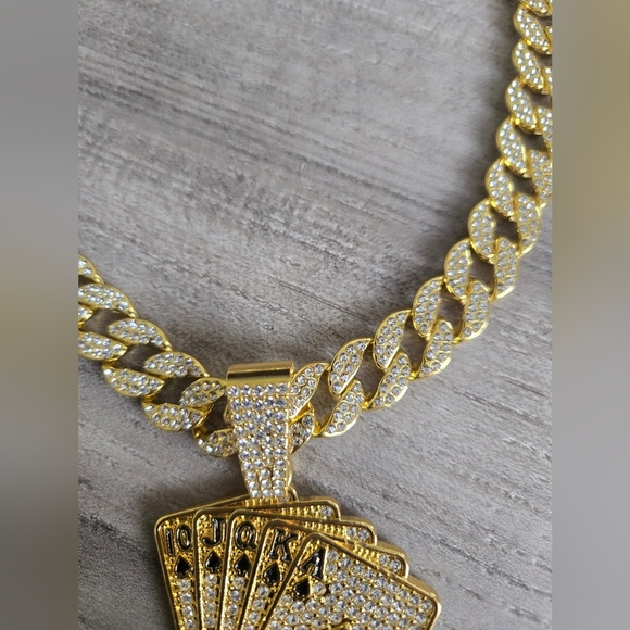 Hip Hop Iced Out Fully Rhinestone Gold Card Pendant & Cuban Chain Necklace 18" - Picture 8 of 13